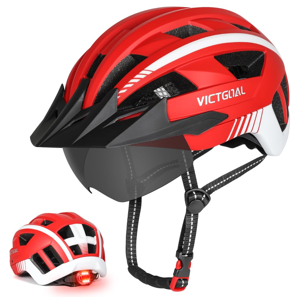 Victgoal Bike Helmet for Men Women with Led Light Detachable Magnetic Goggles Visor Mountain & Road Bicycle Helmets Adjustable Size Adult Cycling Helmets (Red, L: 22.4-24 inch (57-61 cm))