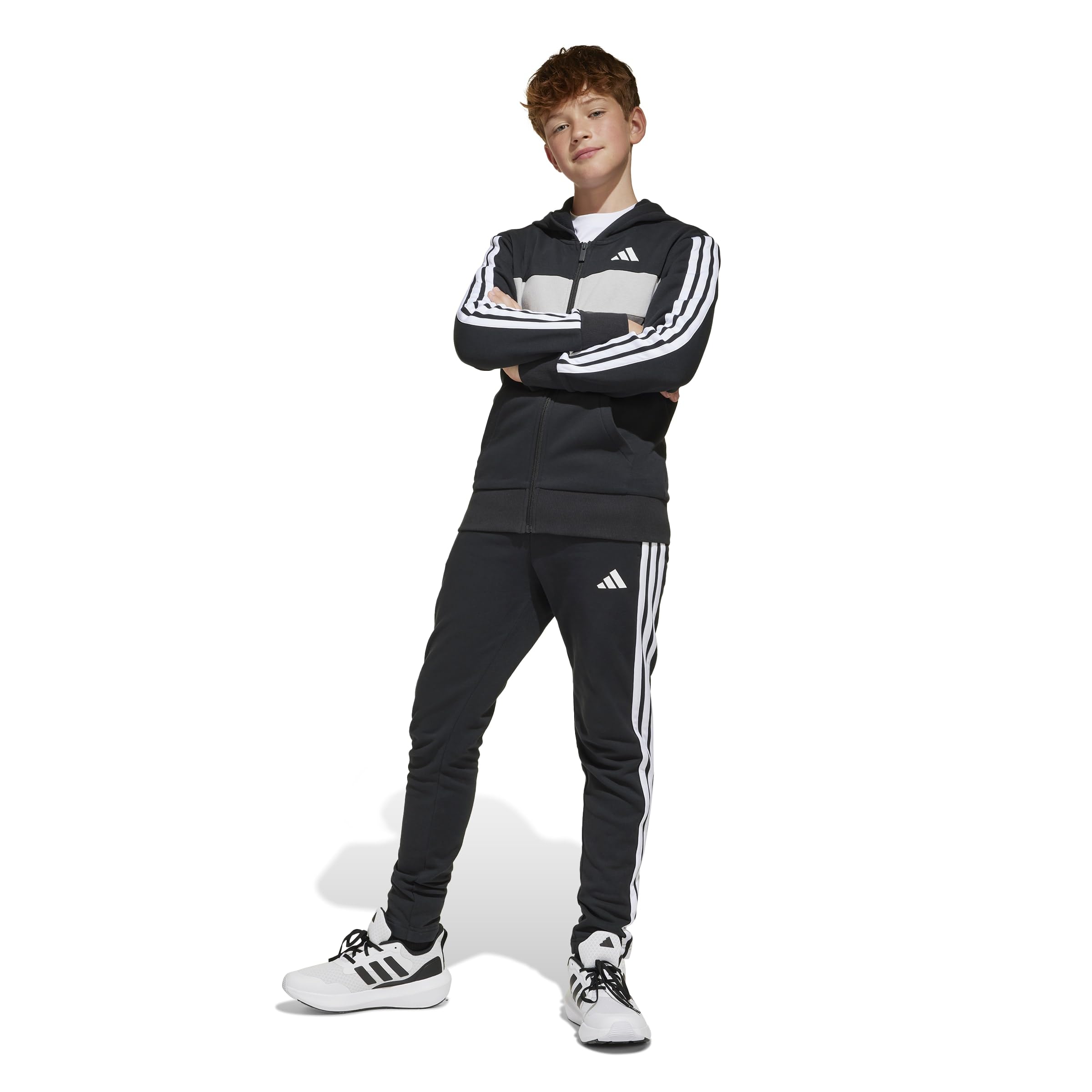 adidas Unisex Kinder Seasonal Essentials Tiberio 3 Stripes Fleece Track Suit, black/white/grey two, 15-16 Years 3