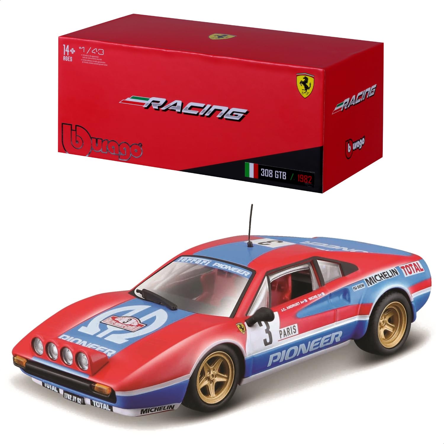 Bburago FERRARI RACING 308 GTB (1982) Super Car - 1:43 Scale - Incredibly Detailed Die-Cast Replica Collectible Model, Red #3