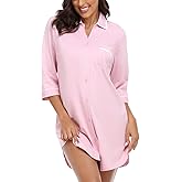 COLORFULLEAF Women's 100% Cotton Nightgowns 3/4 Sleeve V-Neck Sleep Shirt Soft Button Down Pajama Dress