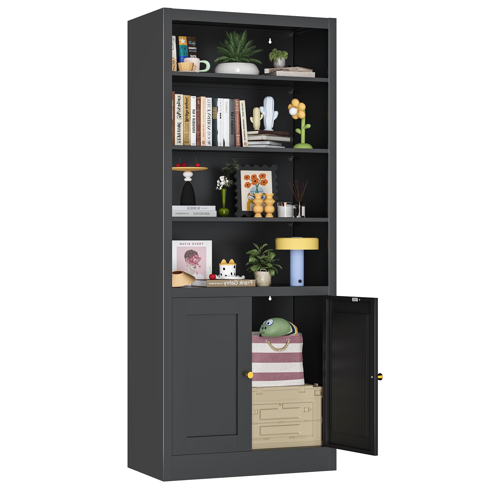 DUTYSEST Metal Bookshelf with Doors, DVD Storage Cabinets with Adjustable Shelves, Tall Black Bookshelf with Storage for Living Room, Study, Media Room & Home Office