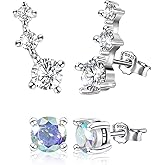 Sterling Silver Stud Earrings for Women White Gold Plated Hypoallergenic Charms Earring Dainty Jewelry with 3 Cubic Zirconia Fashion Birthday Gift for Women