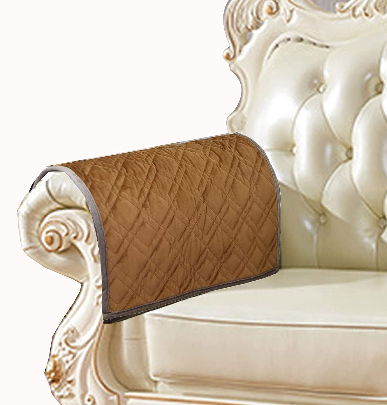 ZUODO 1 Pair Velvet Sofa Arm Slipcovers Nonslip Yellowish Brown Sofa Armrest Protectors Removable Chair Sofa Armrest Covers (40X50CM, Khaki-Double Check)