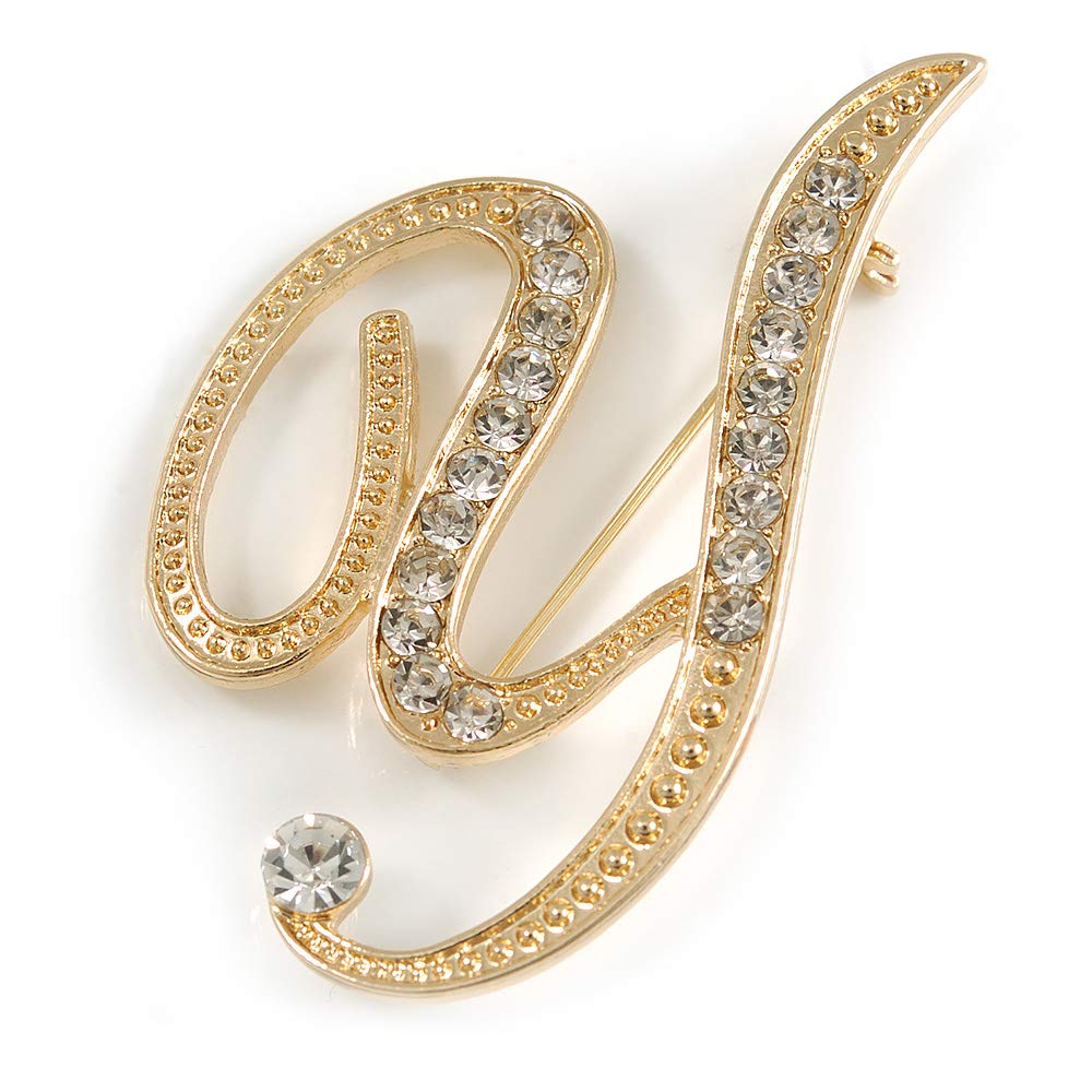 'Y' Gold Plated Clear Crystal Letter Y Alphabet Initial Brooch Personalised Jewellery Gift - 50mm Tall