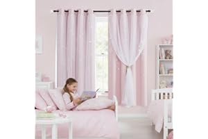 NICETOWN Princess Blackout Curtains 2 Panels for Girls,Décoration Chambre Fille Tulle Overlay Curtain 2-Layer Moon Star Hollo