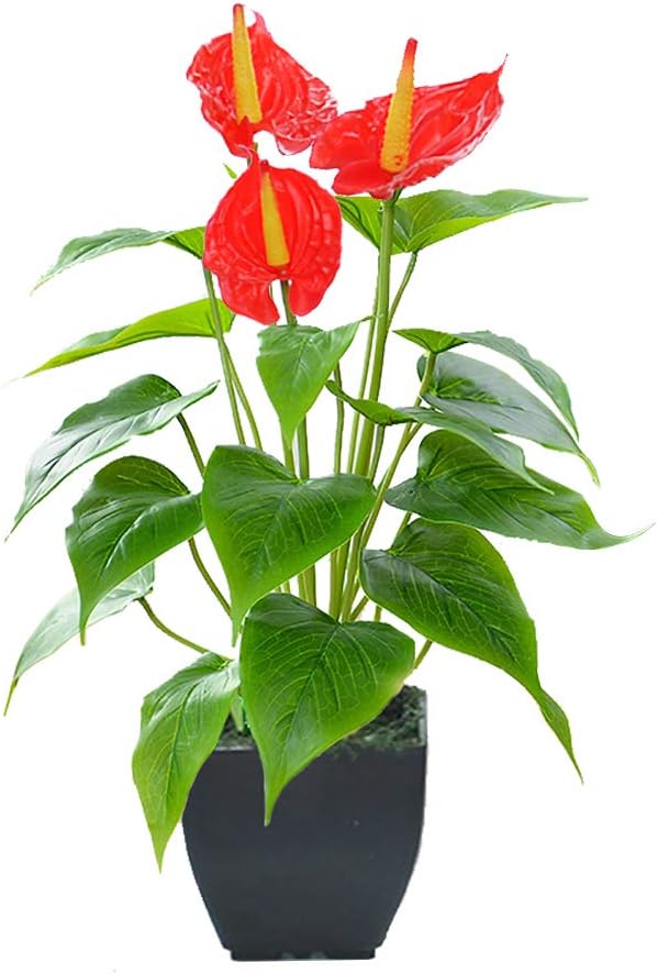 Artificial Flower Calla Lily Faux Small Potted Plant with Black Pot Fake Bonsai Flower for Home, Office, Indoor and Outdoor Occasions Decor (Red Fake Flower)