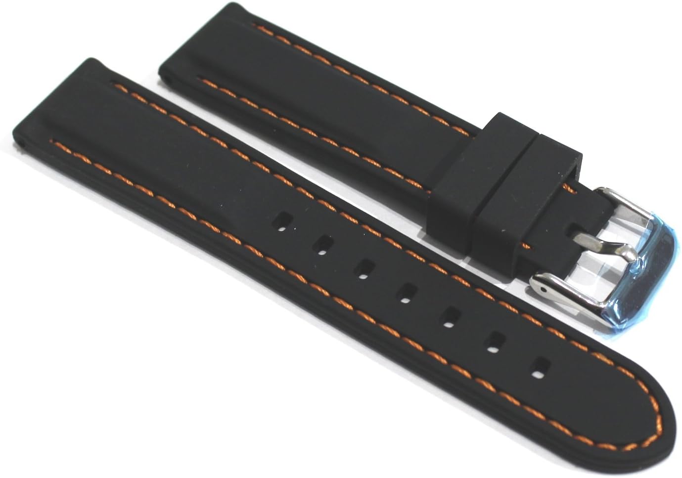 22mm Black Silicone Rubber Watch Strap with Orange Stitch