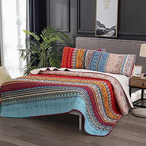 Bohemian Quilt Set King, Boho Striped Printed Bedding Bedspread