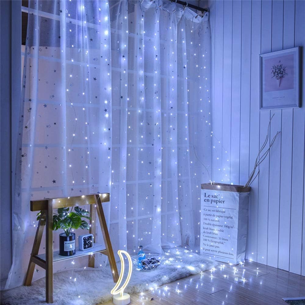 Curtain Lights, Fairy Lights for Bedroom, 300 LEDs Cool White Twinkle Lights with 8 Modes USB Operated, LED String Lights with Remote for Indoor Xmas Party Home Patio Decoration(9.8 x 9.8 Ft)