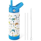 Fimibuke Kids Insulated Water Bottle, 18oz BPA FREE 18/8 Stainless Steel Kids Cup with Straw Travel Tumbler Double Wall Vacuum Leak Proof Toddler Water Bottle for School Boys Girls(1 Pack, Game)