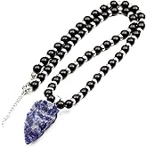 ElisaJewelryArt - Natural Big Obsidian Pendant Necklace Black Onyx Beads Necklace Genuine Gemstone Dreamy Stone Clasp Closure Hematite Necklace Unisex Necklace