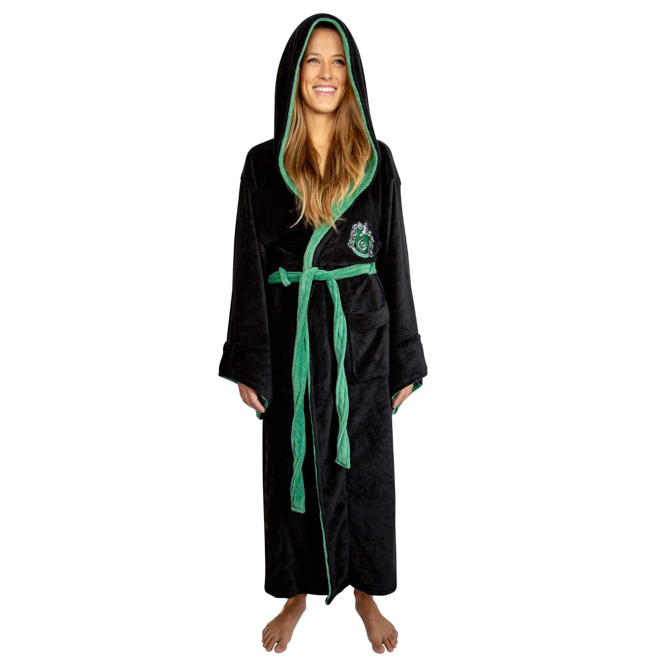 Groovy Uk Harry Potter Slytherin Men's Fleece Hooded Bathrobe, One Size, Black/Green
