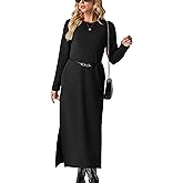 GRECERELLE 2026 Women Spring Fall Casual Round Neck Long Sleeve Loose Split Wrinkle-Free Long Maxi Dress with Pockets