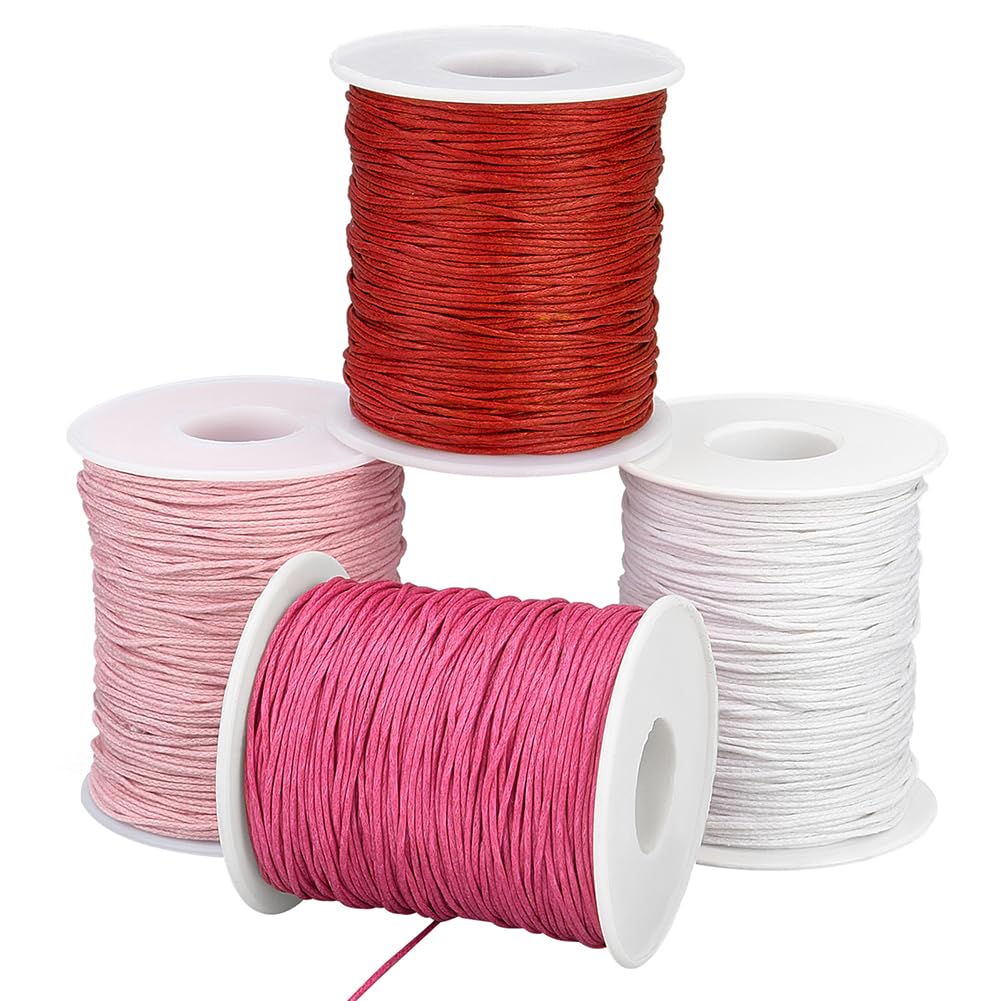 PH PandaHall 400 Yards 4 Rolls Waxed Cotton Cord 1mm for Bracelet Making Round Craft Thread for Jewelry Making Beading Necklace String White/Pink/Rose/Red