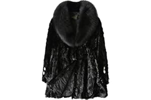 Jsix Women's Genuine Mink Coat with Real Fox Fur Collar Jacket Warm Thick Outerwear