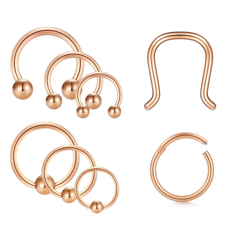 8PCS 16G Stainless Steel Septum Piercing Nose Rings Hoop Tragus Cartilage Retainer Body Piercing Jewelry - Rose gold