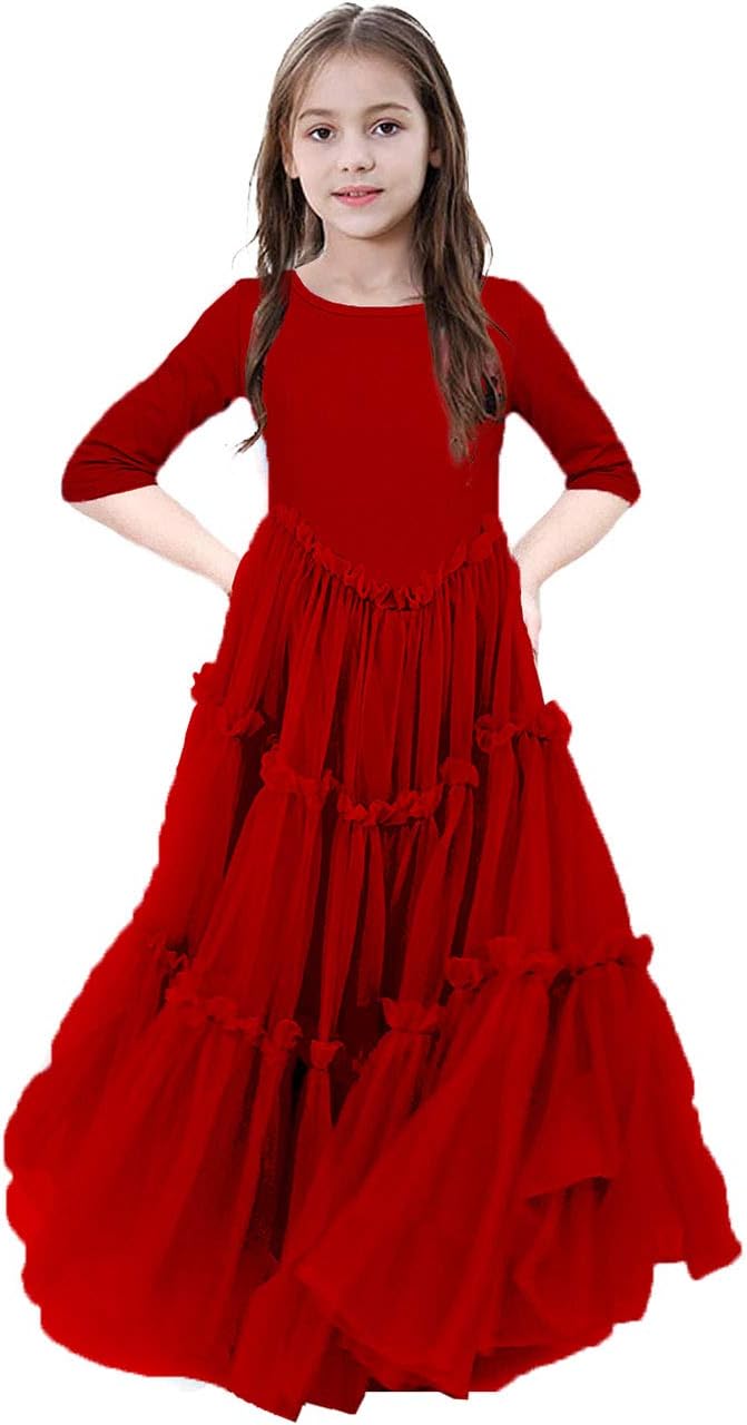 Girls Boho Dress Kids 3/4 Sleeve Tiered Tulle Gowns Princess Dresses for Girls(6-12yrs)