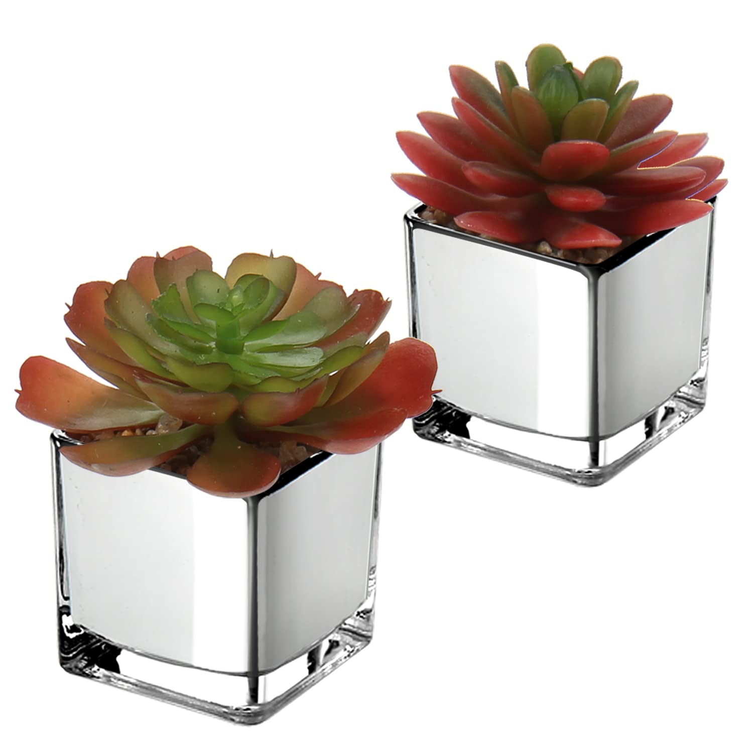 Briful Mini Artificial Succulent Plants, Set of 2 Faux Succulents in Galvanized Glass Pot Modern Fake Plants Plastic Succulents for Centerpiece Bathroom Shelf Bedroom Decor