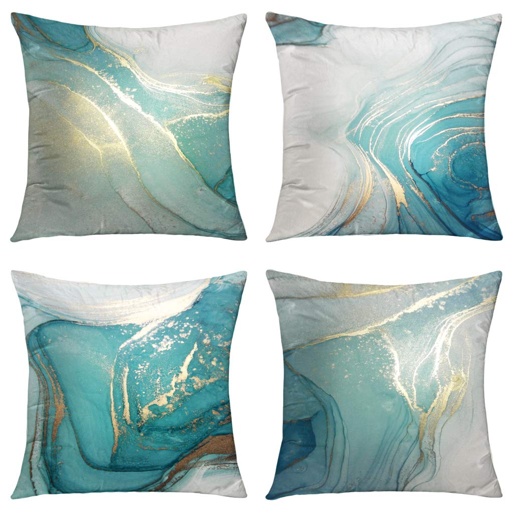 Photo 1 of GALMAXS7 Marble Texture Turquoise and Gold Silver Decorative Throw Pillow Covers Luxury Abstract Fluid Art Ink Soft Velvet Pillow Case Square Cushion Covers for Couch Sofa 18 x 18 Inch Set of 4