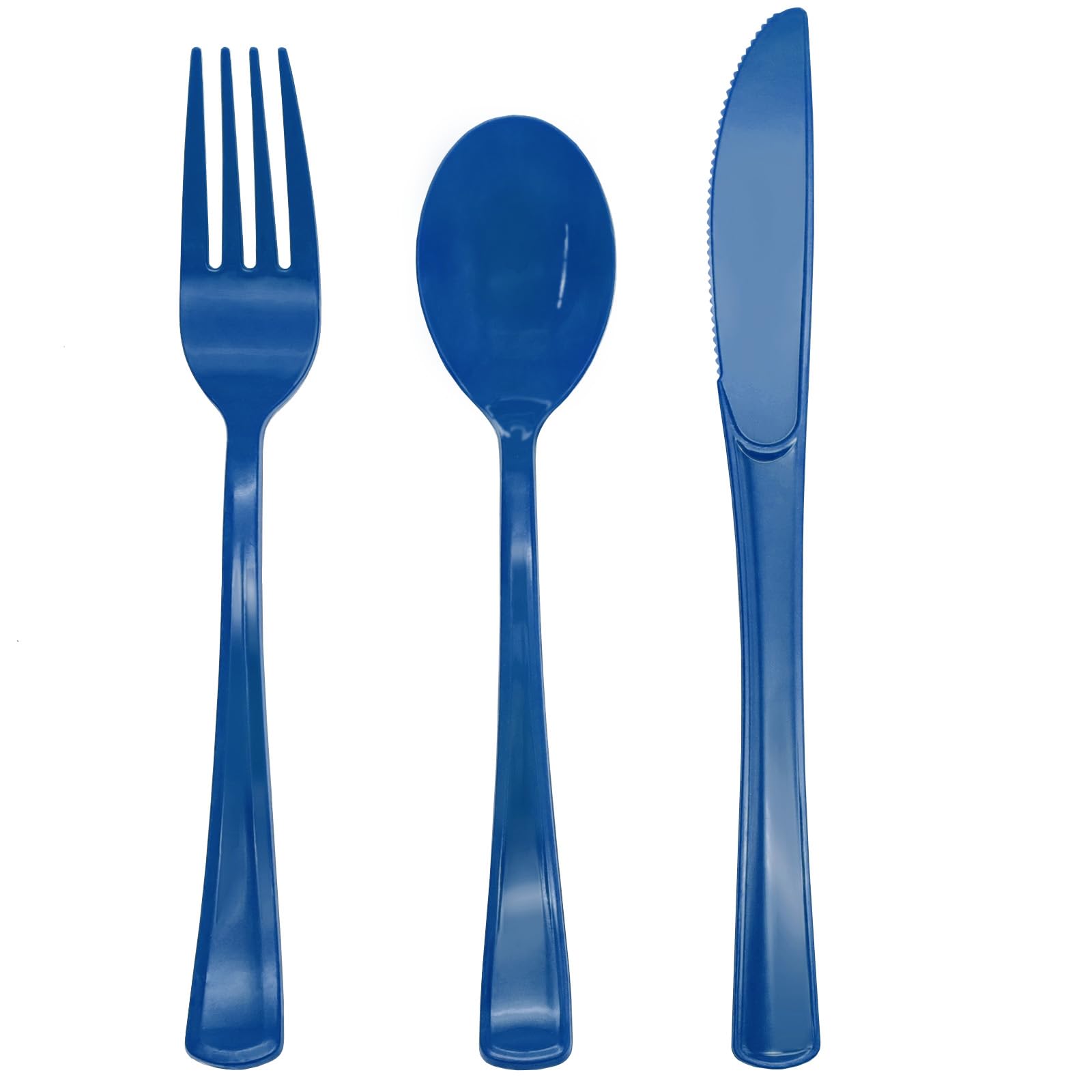 Photo 1 of 150 Pack Blue Plastic Silverware, Navy Blue Plastic Utensils Heavy Duty, 50 Forks, 50 Knives, 50 for Birthday, Graduation, Baby Shower