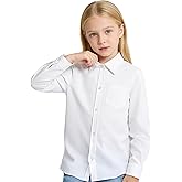 Lolanta Girls Long Sleeve Button Down Shirts Kids Stretch Stain Risistant School Uniform Dress Shirt with One Pocket