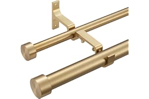 Mayrhyme Double Curtain Rods for Windows 72-144 Inches, 1'' Front and 5/8''Back Double Drapery Rods with Premium Aluminum Brackets and End Cap Finials, Adjustable Warm Gold Double Window Curtain Rod
