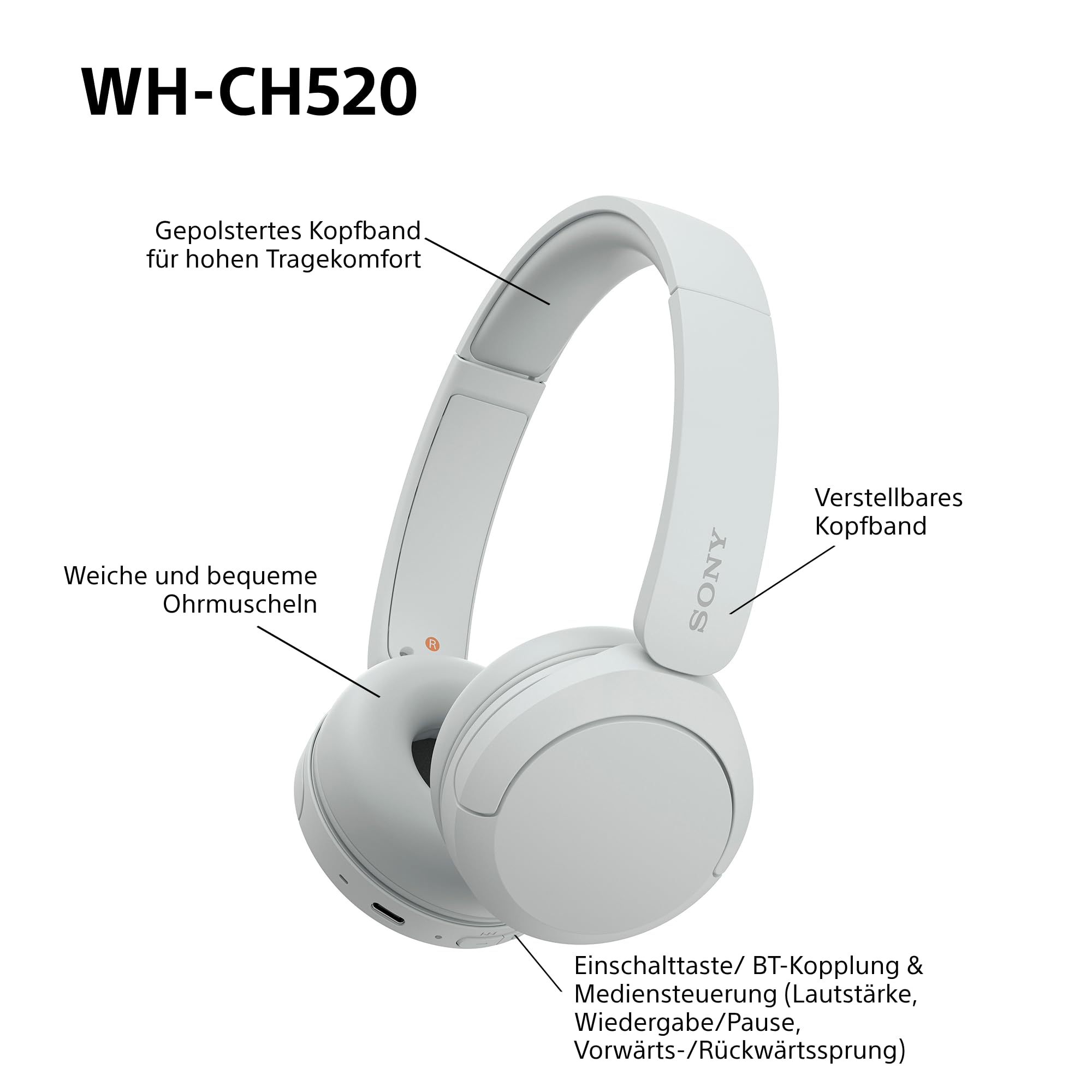 Sony WH-CH520 Kabellose Bluetooth-Kopfhörer - bis zu 50 Stunden Akkulaufzeit mit Schnellladefunktion, On-Ear-Modell - Weiß 8