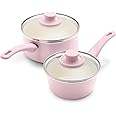 GreenLife Soft Grip Healthy Ceramic Nonstick, 1QT and 2QT Saucepan Pot Set with Lids, PFAS-Free, Dishwasher Safe, Soft Pink