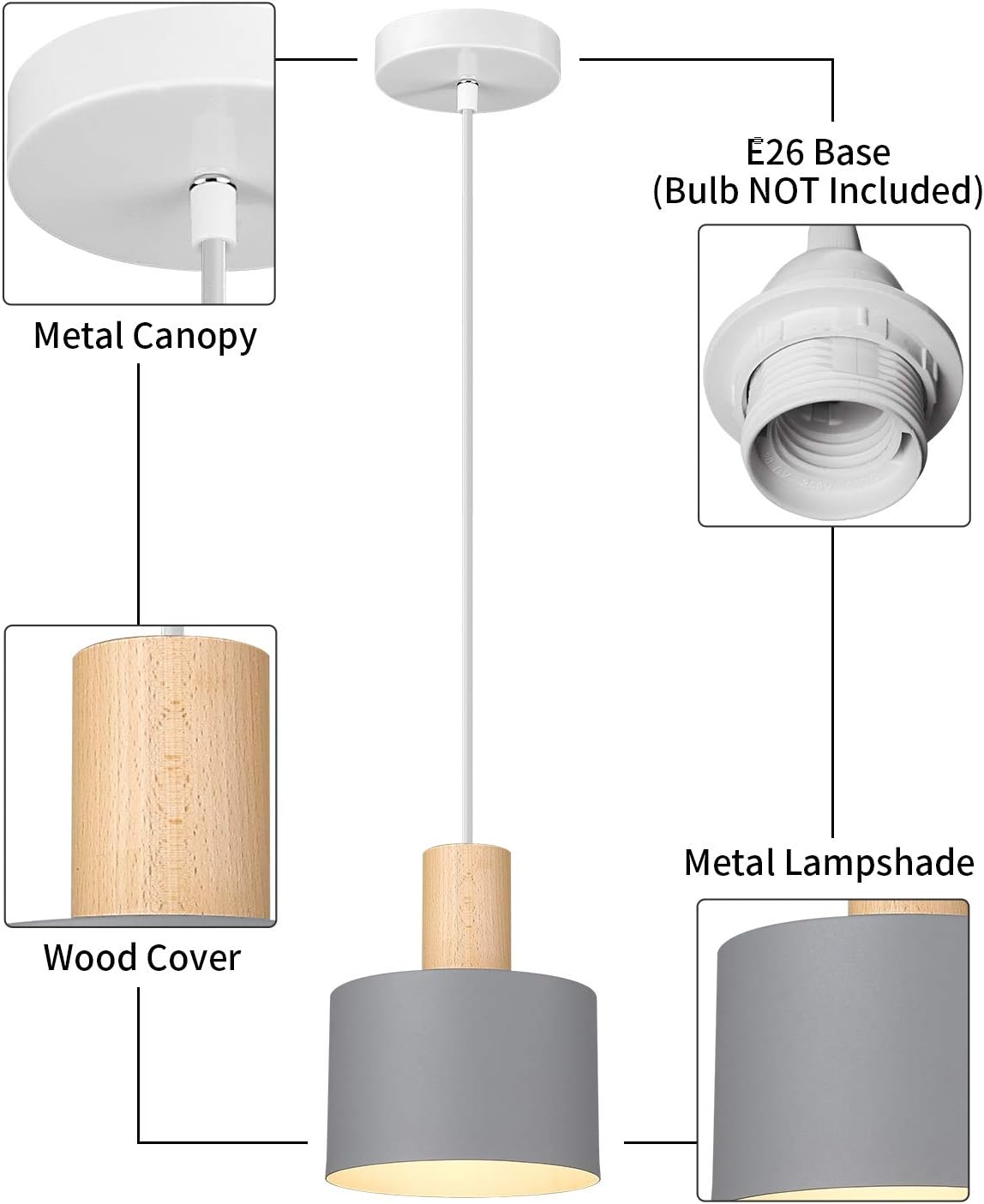 Modern Pendant Light Fixture, Imego Metal Ceiling Hanging Lamp, Pendant Lighting for Kitchen Dining Room Living Room Bedroom - Grey - - 