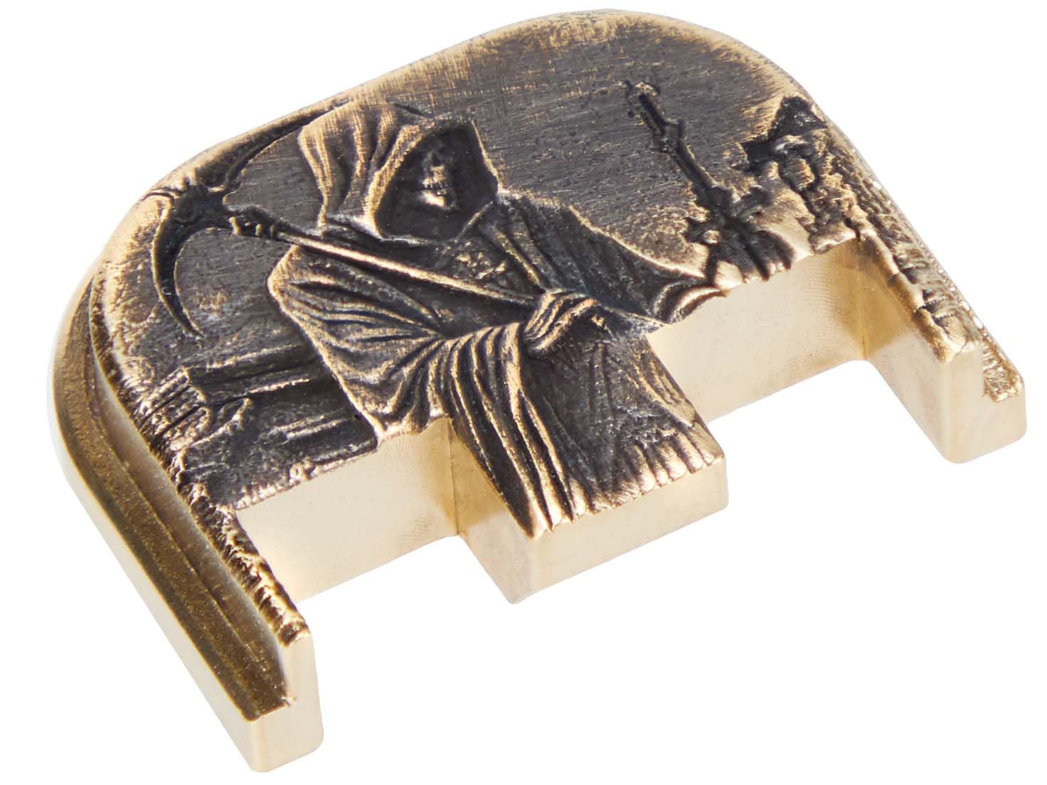 Photo 1 of NDZ Performance 3D Engraved Slide Cover Back Plate for Gen 5 Glock – Solid Brass – Fits 17 19 19X 20 21 22 23 26 27 29 30 34 45 47 49 – Grim Reaper 3 Design – Made in USA