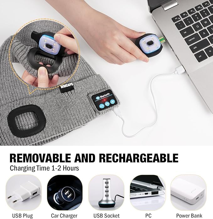 Zyntrazy Bluetooth Beanie with Light, Unisex Gift for Men, Women,Wireless Headphones for Fishing Jogging Working Black