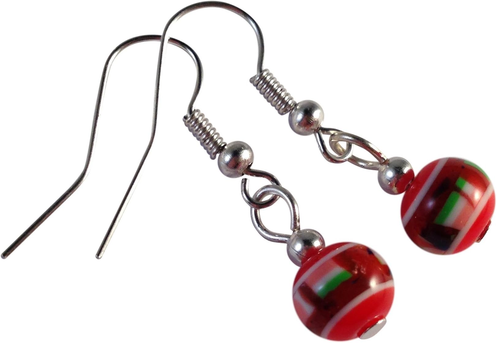 Red Patterned Resin Bead Earrings on Silver Tone Nickelfree Hooks