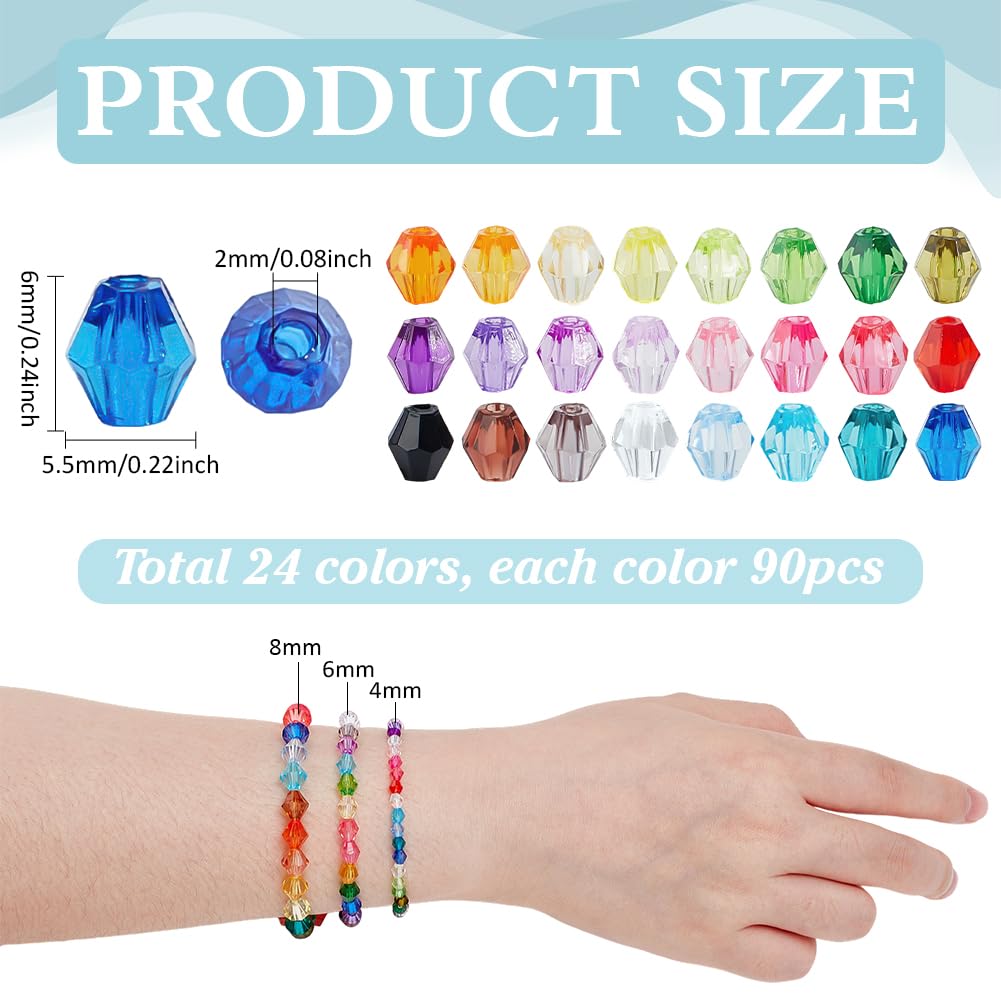 PH PandaHall 2160pcs 6mm Crystal Beads Bicone Bracelet Bead Faceted Acrylic Beads 24 Colors Rainbow Loose Craft Bead for Friendship Bracelet Necklace Earring Jewelry Making Flower Bag Decoration