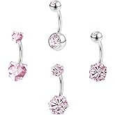 ZS 4pcs Cubic Zircon Belly Button Ring, 14G Stainless Steel Belly Ring, Long Bar Navel Barbell Stud, Navel Piercing Jewelry for Women