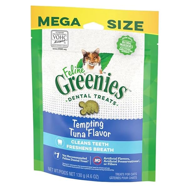 GREENIES CAT TREATS, VETERINARIAN-RECOMMENDED ADULT NATURAL DENTAL CAT TREATS, TEMPTING TUNA FLAVOR, 4.6 OZ. TUB