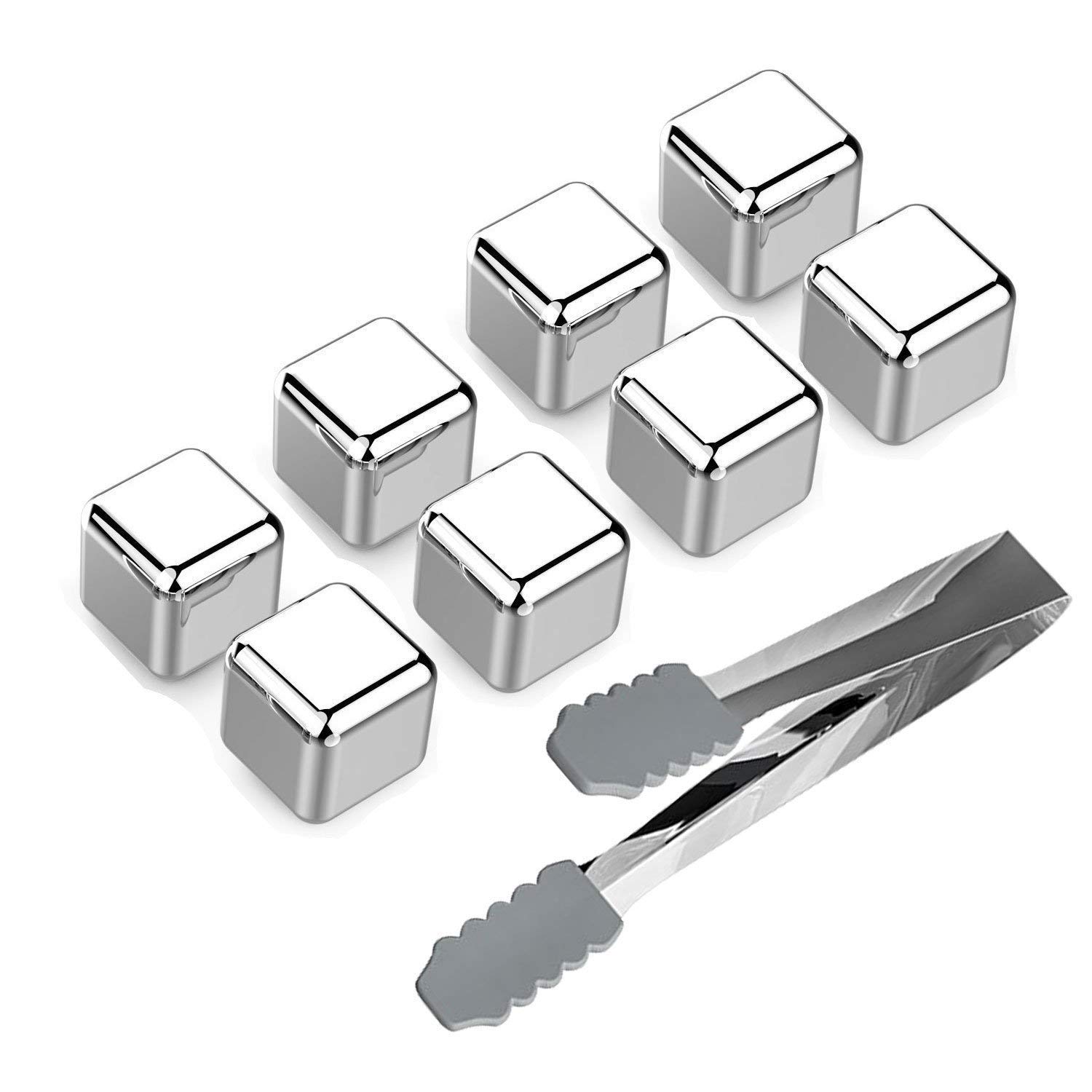 HANWELL Reusable Metal Ice Cubes, 8 Pcs Stainless Steel Whiskey Stones Set with Ice Tongs & Tray, Chilling Rocks Cooling for Scotch Whisky, Wine, Gin, Tonic Drinks