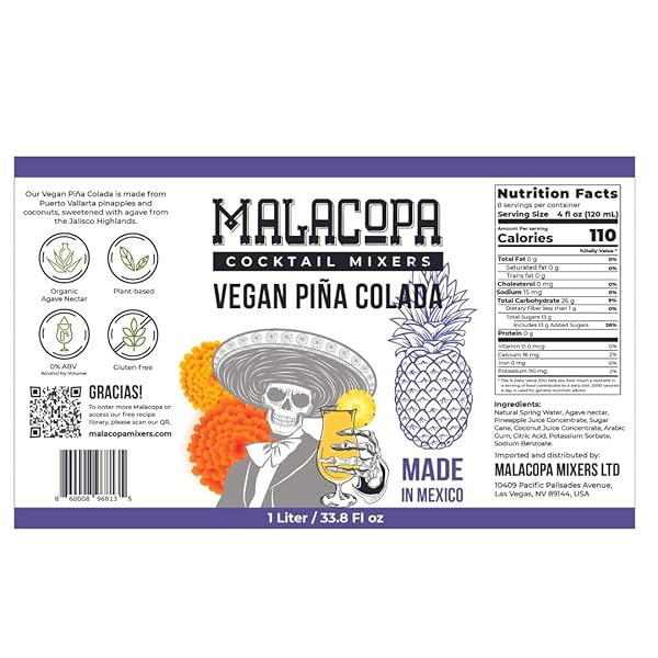MALACOPA MIXERS VEGAN PIÑA COLADA COCKTAIL MIXERS 1 LITER – NON ALCOHOLIC DRINK, NATURAL AND FRESH INGREDIENTS, ALCOHOL FREE BEVERAGE, IDEAL FOR MOCKTAILS, MARGARITA AND WHISKEY