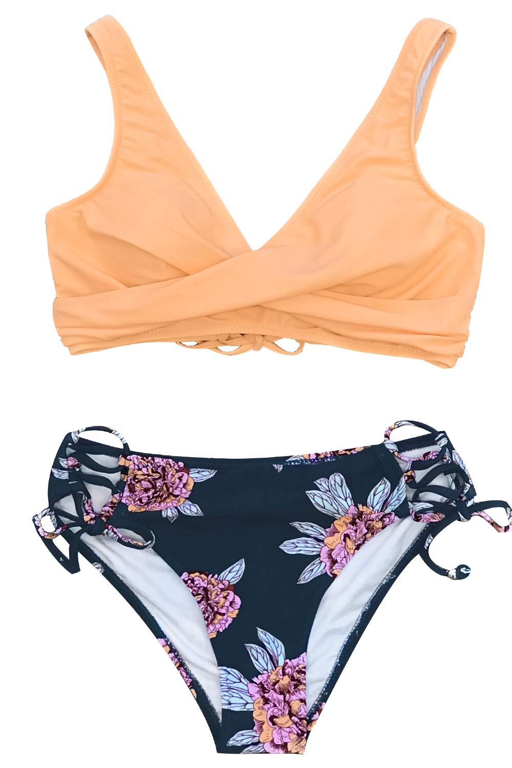 CUPSHE Women's Yellow and Purple Floral Front Cross Lace Up Bikini