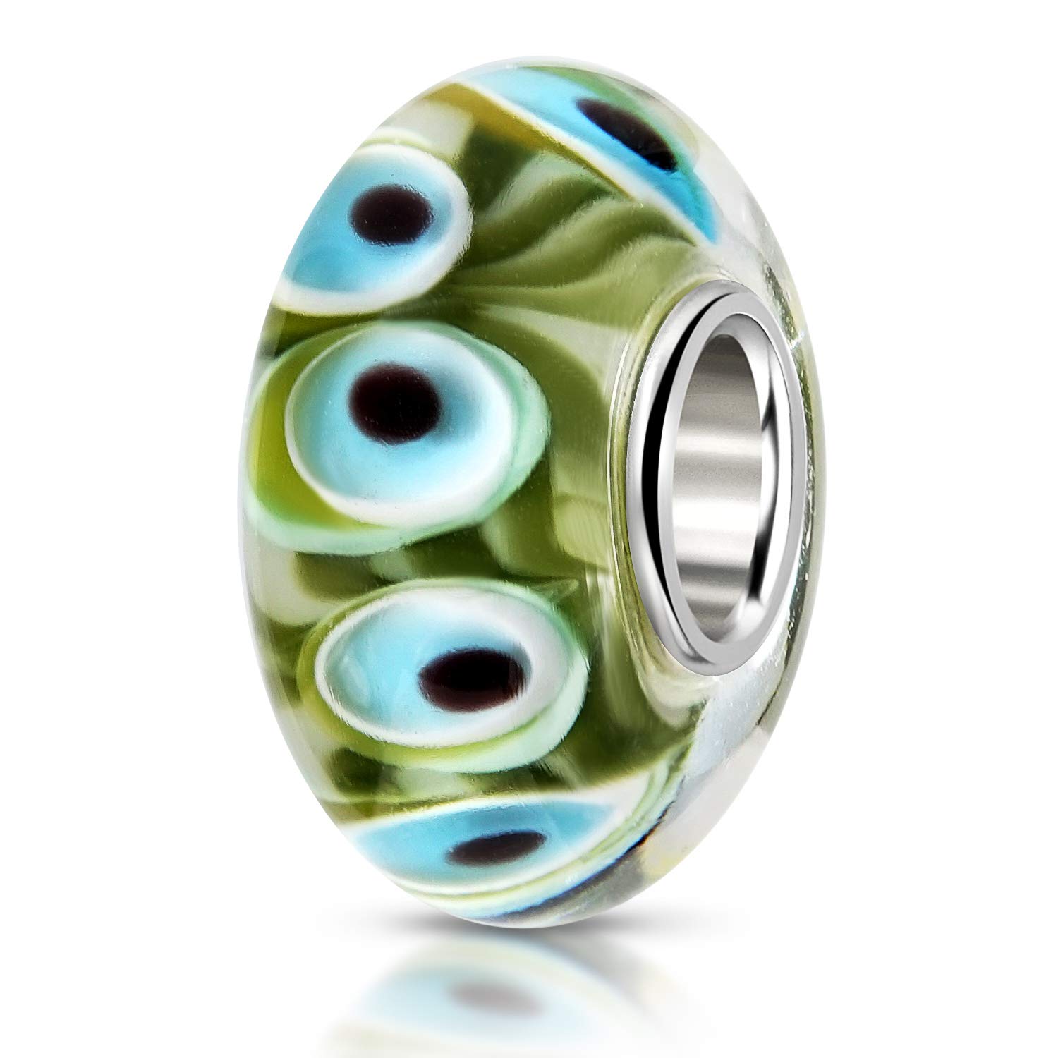 Materia Murano Glass Jewellery Green Peacock Tail 925 Sterling Silver Sleeve 7 x 13 mm for Beads Bracelet 556