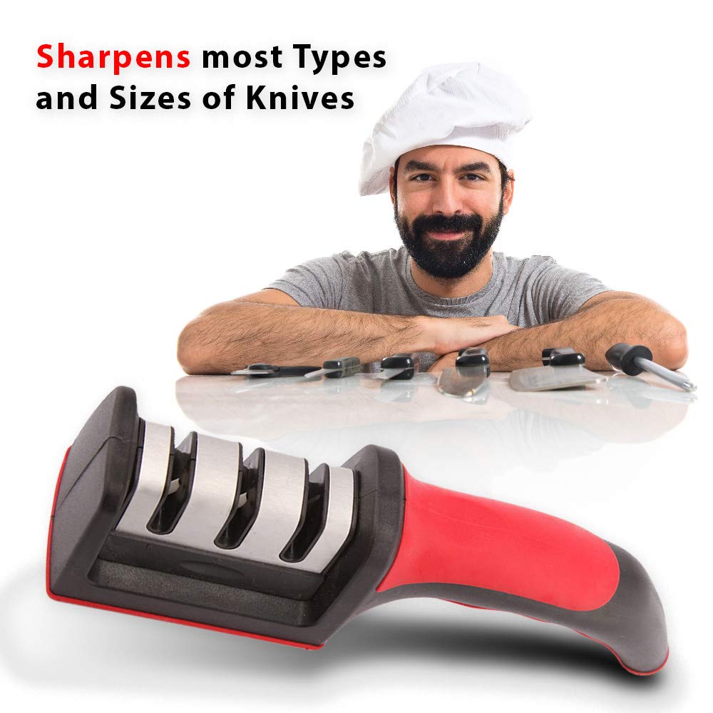 Stainless Steel Kitchen Knife Sharpener 3-in-1 for Straight and Serrated Knives, 3 Stage Manual Sharpener- Ceramic, Coarse& Finest Grinding, Easy Ergonomic Design with Non-Slip Base