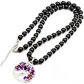 ElisaJewelryArt - Natural Tiger Eye Tree Of Life Pendant Natural Black Onyx Beaded Necklace Genuine Gemstone Fear Stone Clasp Closure Necklace Unisex Necklace