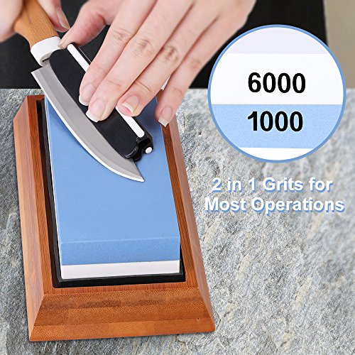 E-Gtong Premium Knife Sharpening Stone Set, 2 Side Grit 1000/6000 Waterstone - Best Kitchen Knife Sharpener Whetstone with Non-Slip Bamboo Base & Angle Guide