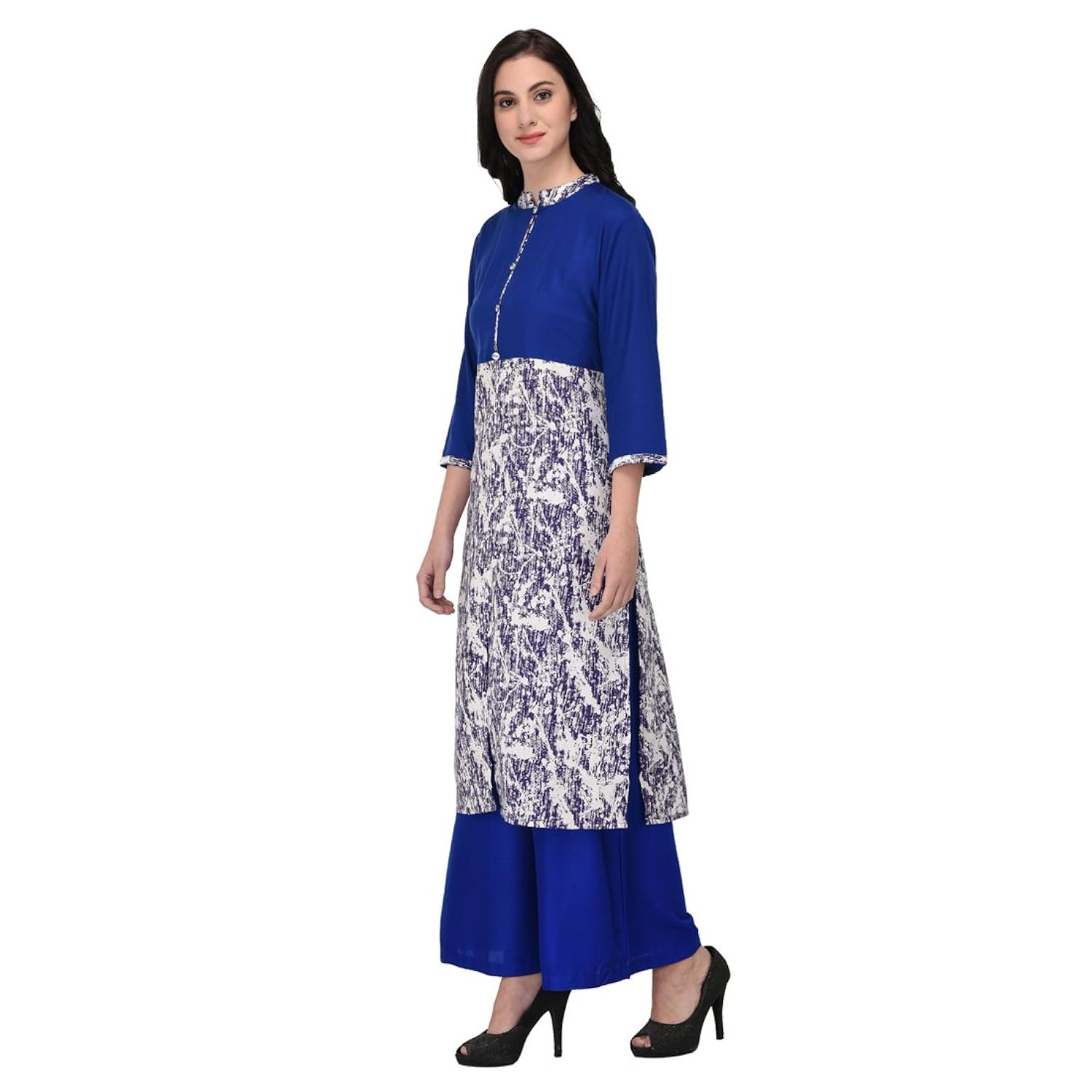 inaayo women's rayon 3/4 sleeve printed frontslit kurti with matching plazzo