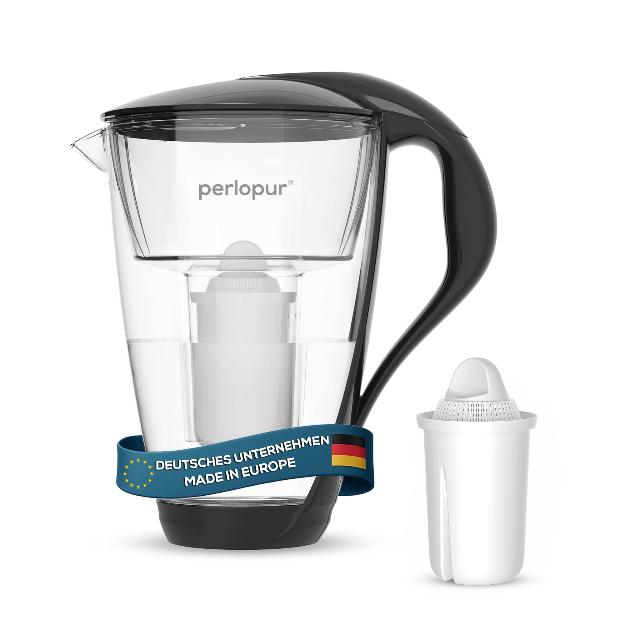 PearlCo Glass Water Filter (black) inkl. 1 Universal classic Filter Cartridges (compatible with Brita Classic)