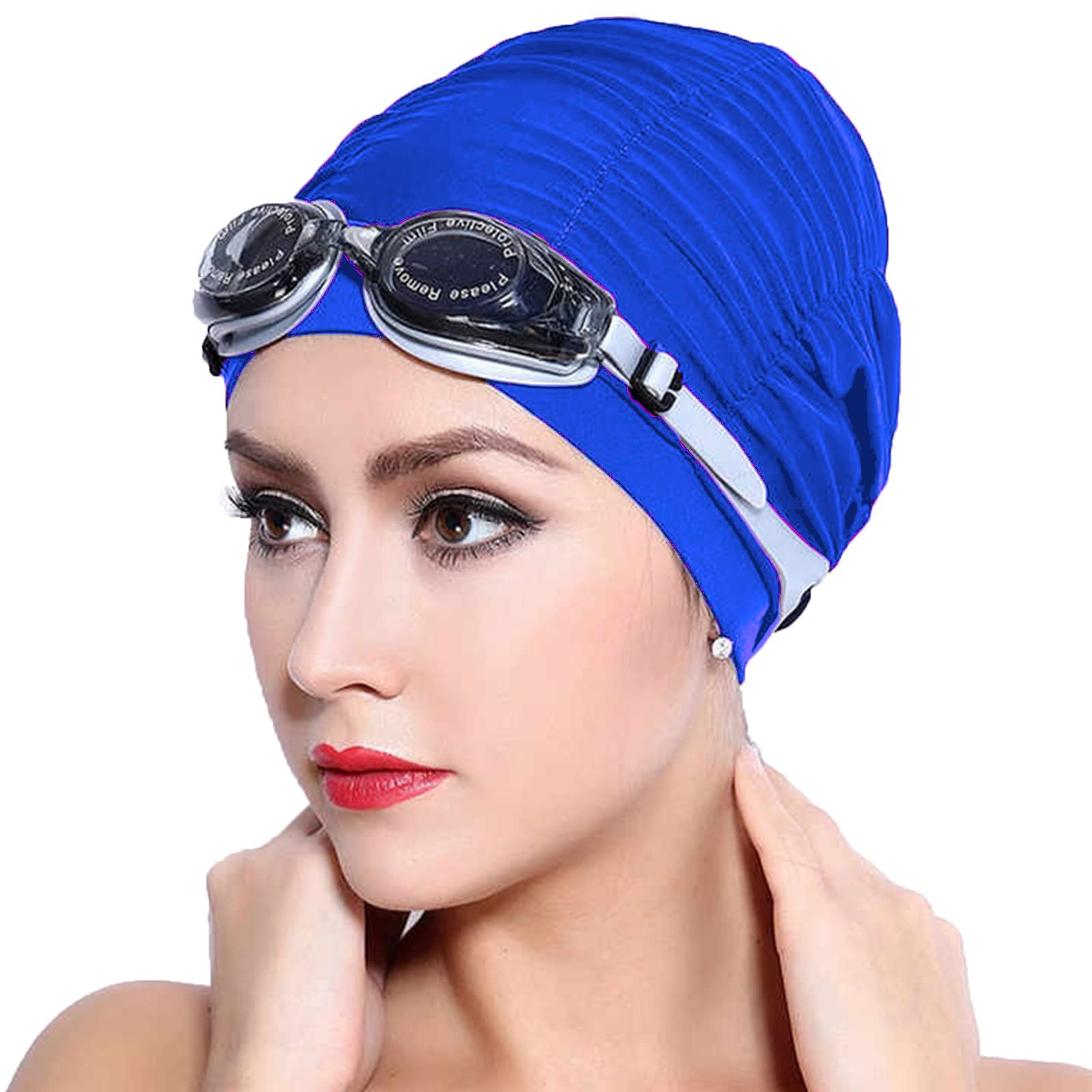 Ladies Women Pleated Fabric Swimming Cap Swim Pool Beach Surfing Caps Elastic Soft Bathing Cap Swimming Shower Cap Comfortable and Elegant Swim Hat for Long Hair Short Hair Ears Protection Black&Blue