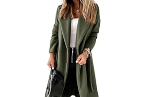 Cicy Bell Womens Classic Notched Lapel Collar Coat Open Front Belted Long Jacket