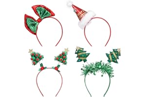 Lurrose Christmas Headbands 4Pcs, Christmas Tree Fashion Headband Santa Hat Xmas Bows Headbands Party Hats Holiday Headbands Christmas Accessory