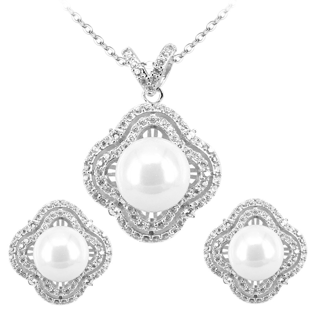 BiBeary Women Zircon CZ Simulated Pearls Flower Form Clover Elegant Jewellery Set Necklace Earrings Silver-Tone