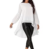 Seta T Women's High Low Tops Lantern Long Sleeve Round Neck Dressy Casual Chiffon Asymmetrical Tops Blouse