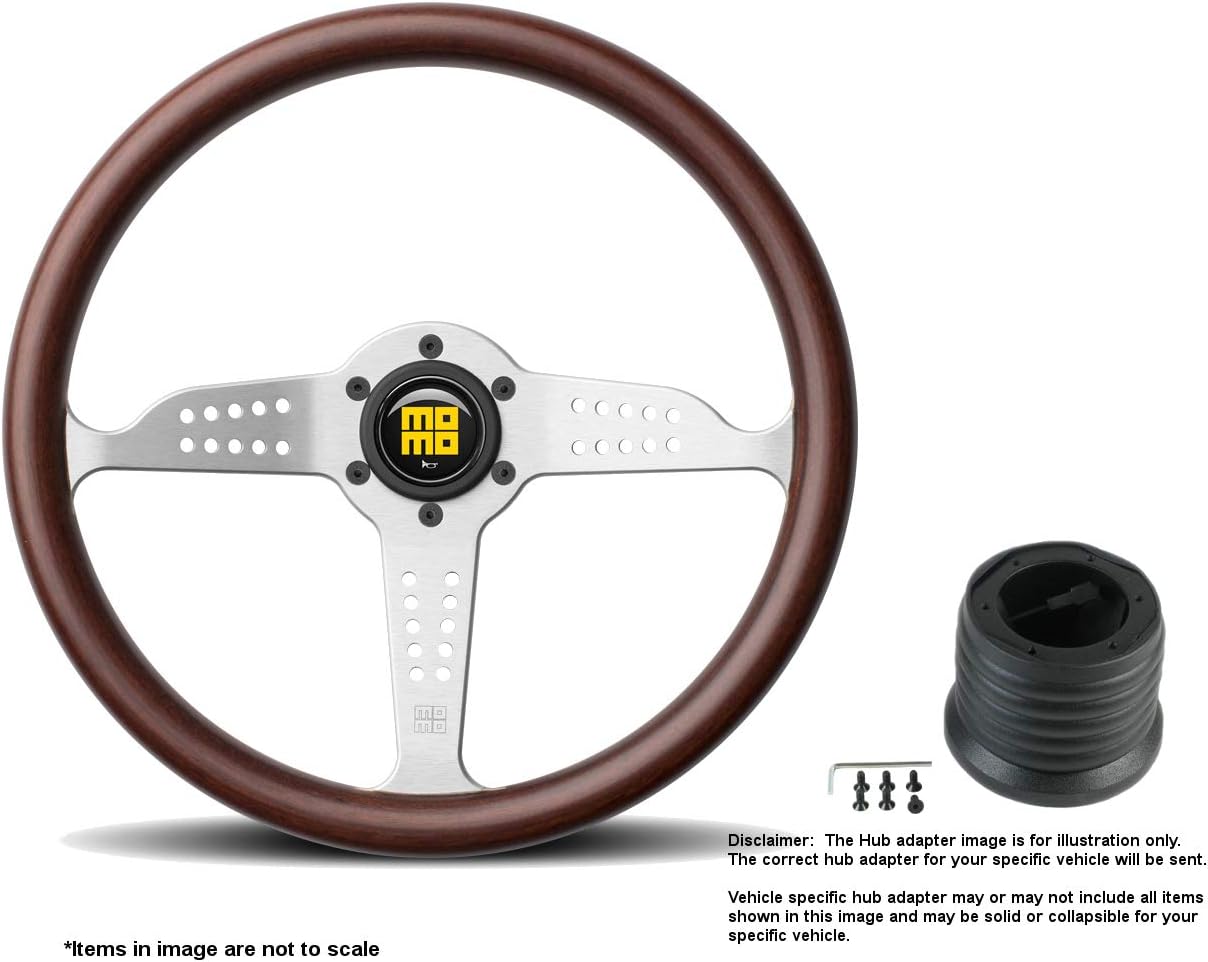MOMO Grand Prix 350mm (13.78 Inches) Wood Steering Wheel w/Brushed Aluminum Spokes and Crowder's Hub Adapter for Ford Bronco Part # GRA35WD0B + C/5488